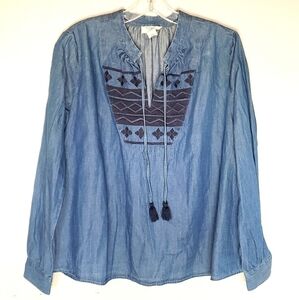 Loft Lounge embroidered chambray tassel top XS